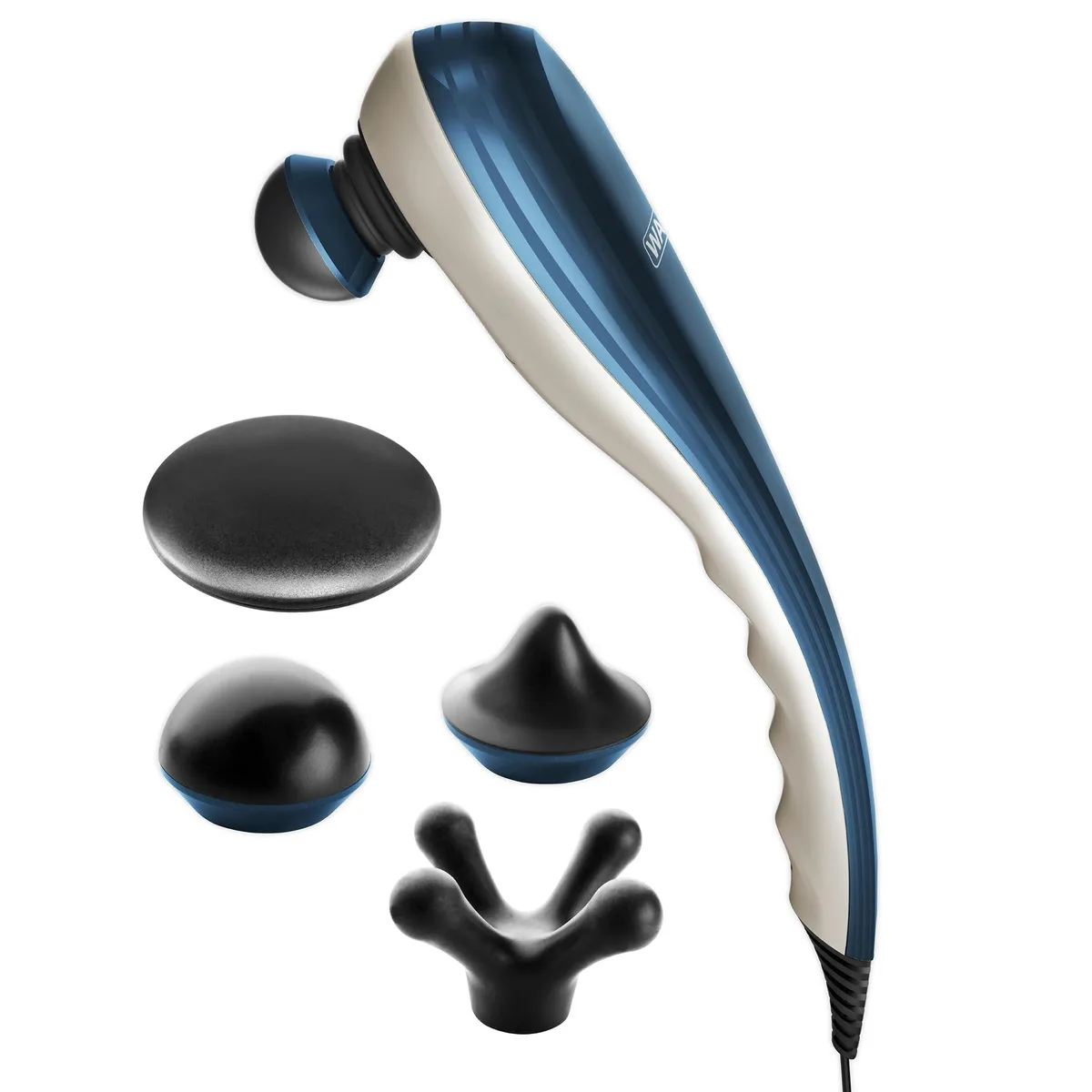 Blue handheld percussion massager with long handle and four attachments