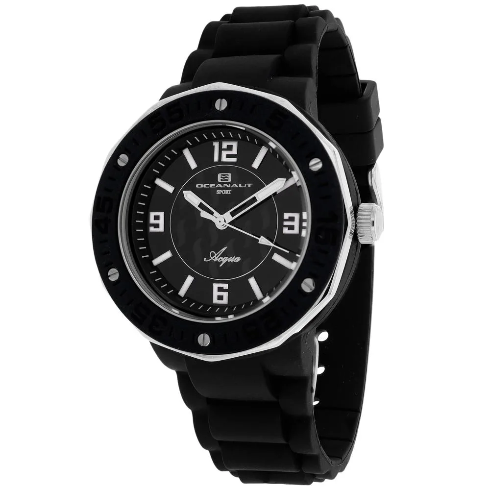 Black dial watch with rubber case and strap, quartz movement