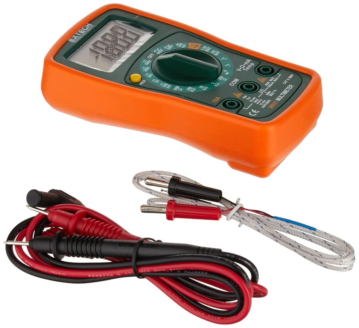 Compact orange multimeter with rubber holster, large LCD display and test leads