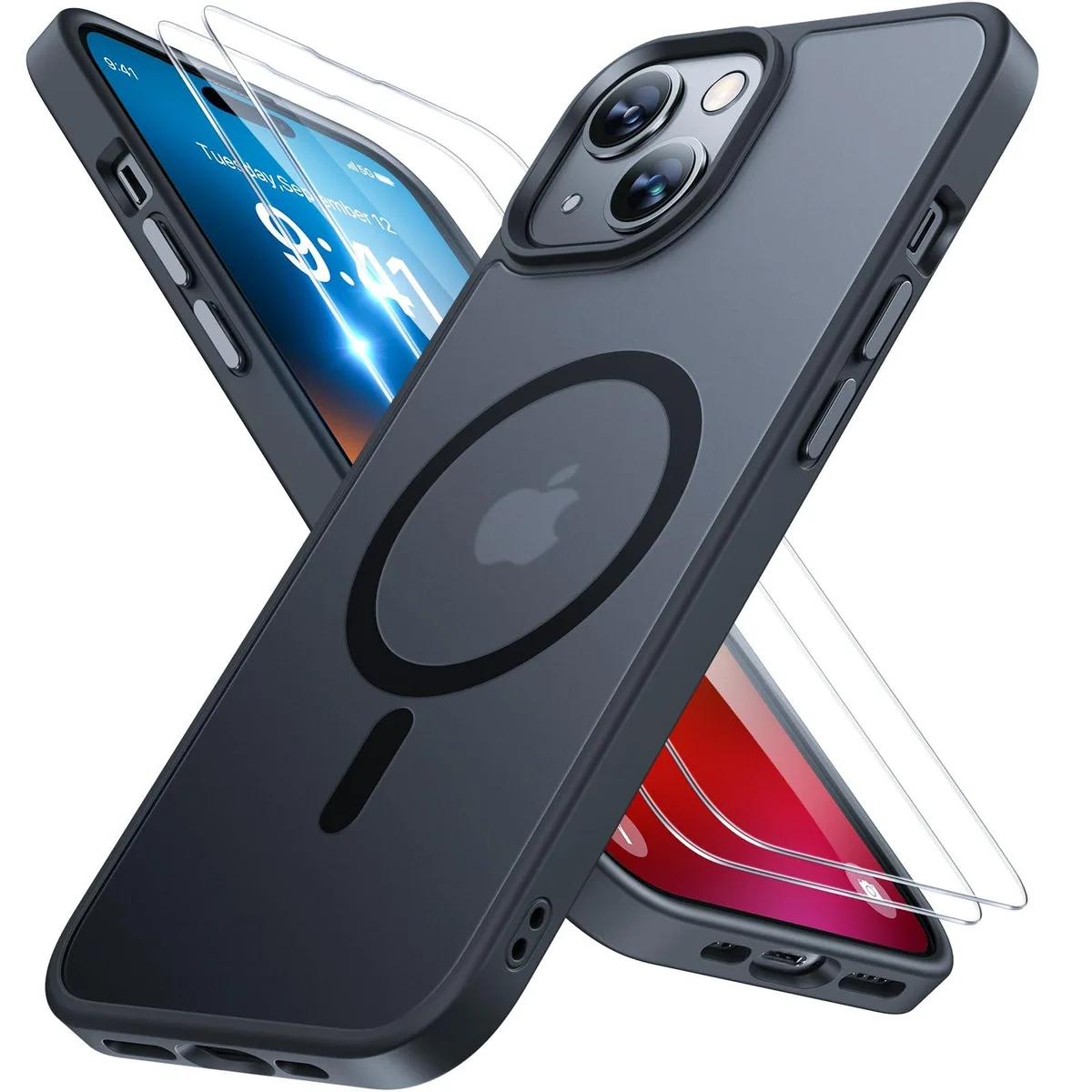 Black translucent matte TPU case for iPhone 15 with MagSafe magnets and raised camera lip