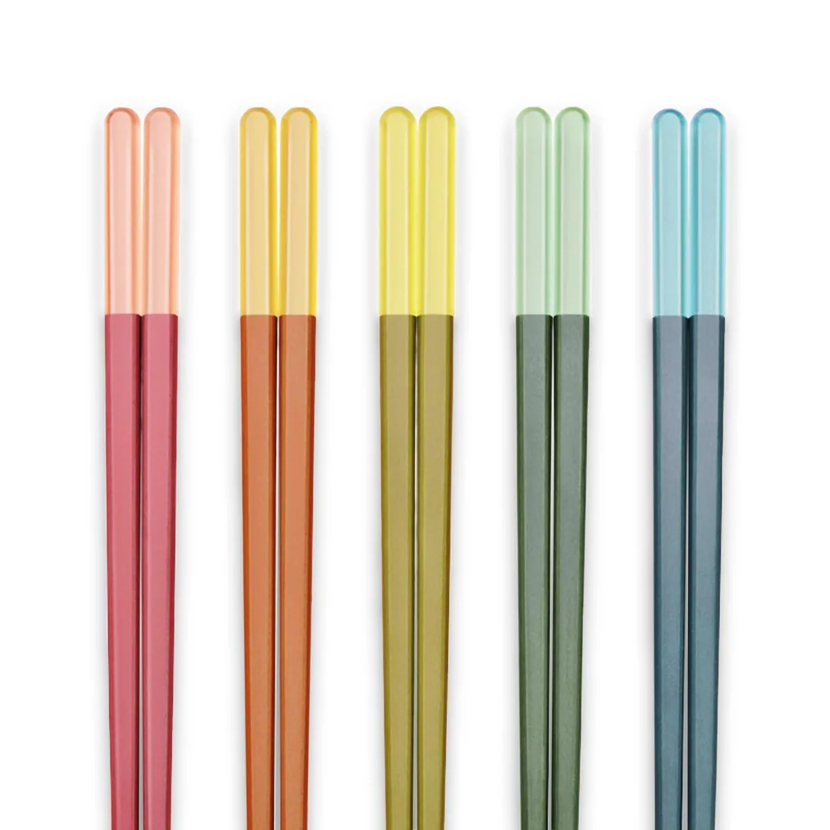 Five pairs of square-ended fiberglass chopsticks in ice-fog colors, matte finish, 9.5in