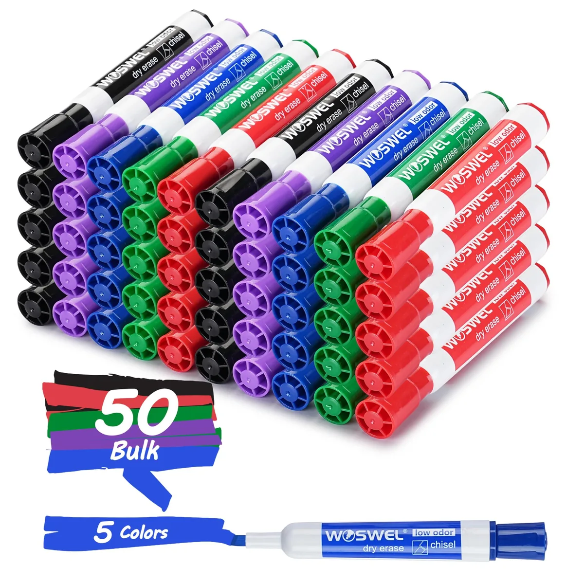 Woswel Dry Erase Markers Chisel Tip 50 Count 5 Assorted Colors — product photo