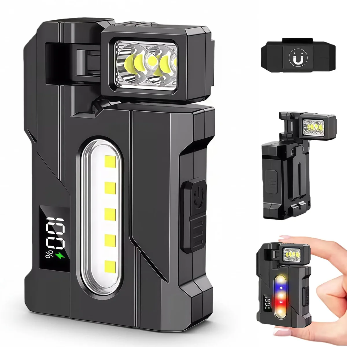 Black rectangular mini flashlight with 270° rotating head and clip