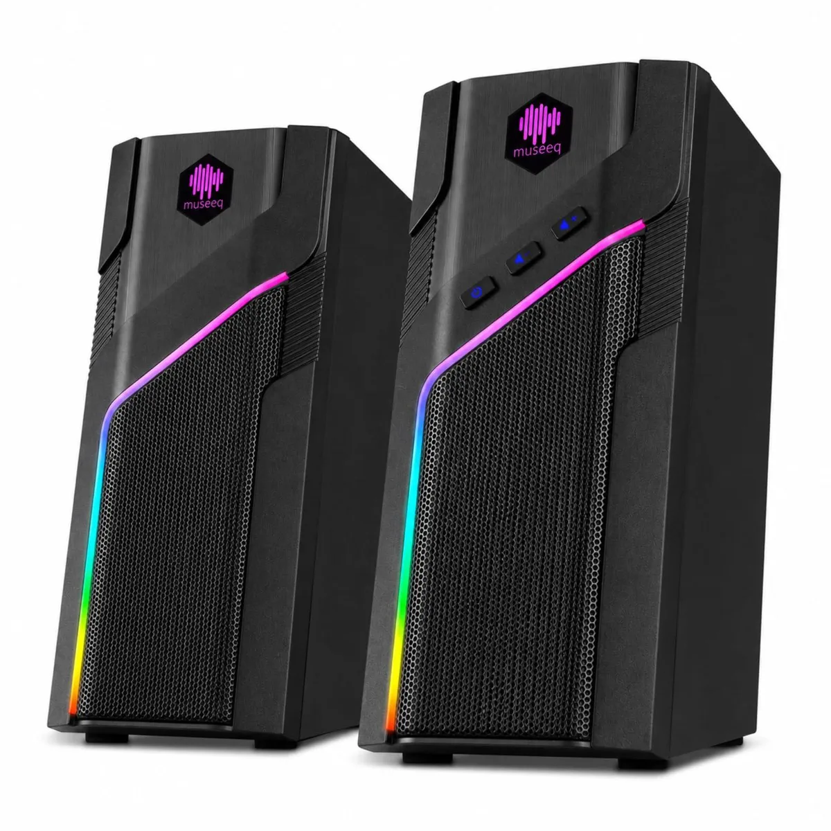 Two compact black plastic speakers with RGB lighting, USB powered, 120 by 120 by 25 mm