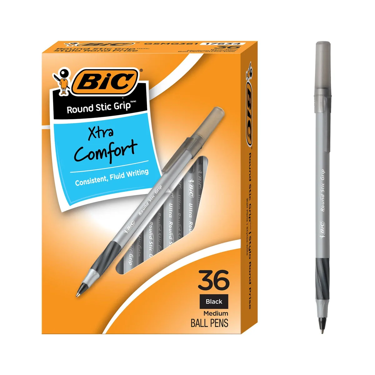 A box holding 36 black ballpoint pens with soft grips