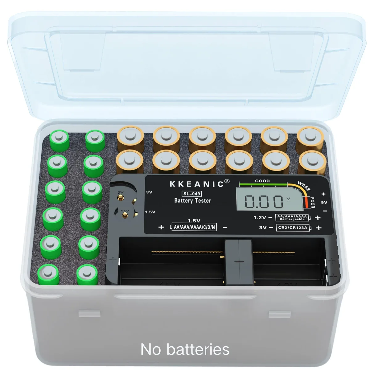 Compact rectangular battery tester with LCD screen and organiser case, 4.7 by 2.8 inches