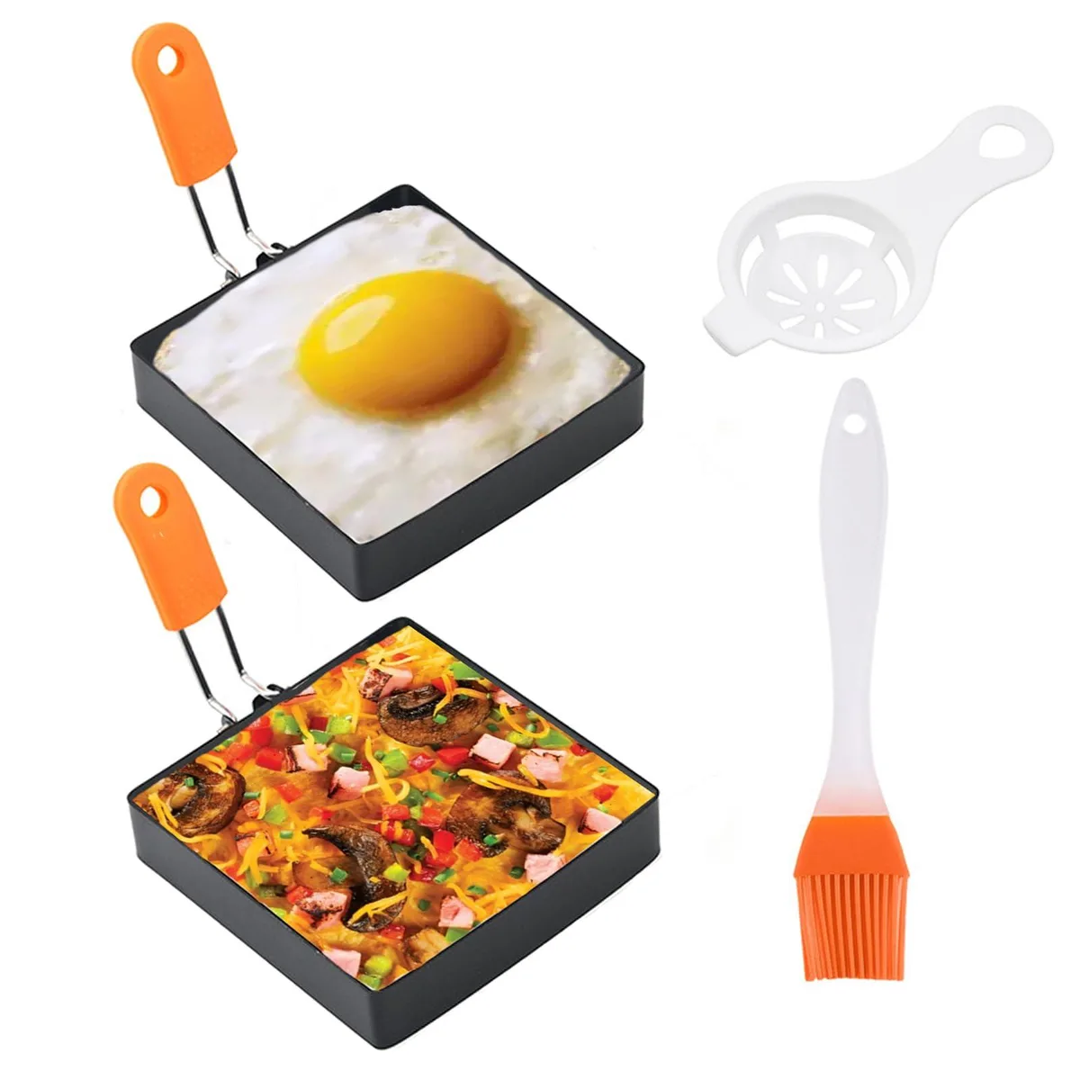 Two square stainless steel egg rings with orange silicone handles, .8 inch deep