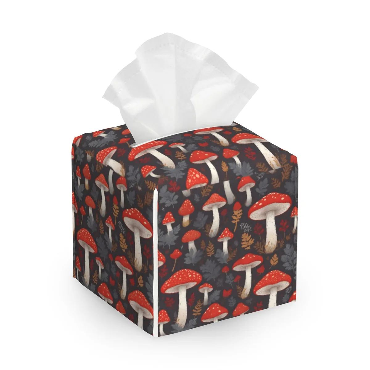 Square PU leather tissue box cover with retro wild mushroom print, 5.2 inches per side