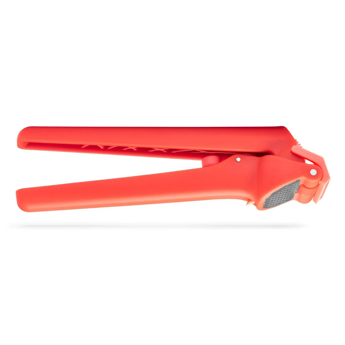 Red nylon garlic press with built-in peel ejector, 7.76 inches long