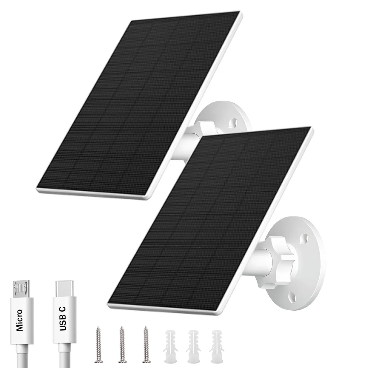 Two slim white rectangular solar panels with adjustable brackets and long cables