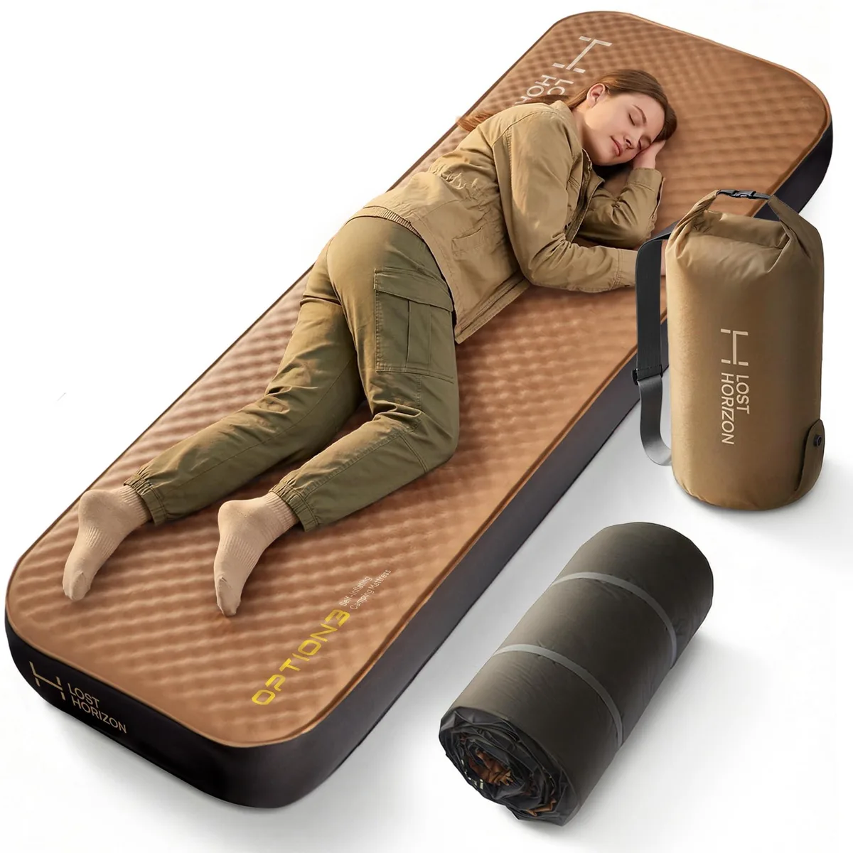Brown self-inflating foam cot mattress, 75 by 25 inches, 4.5 inch thick, TPU fabric finish