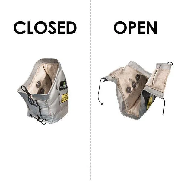Gray fiberglass elbow pipe jacket, 45-degree bend, 3-inch wall thickness, quick-release flaps