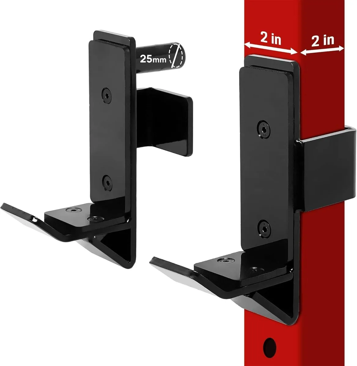 Pair of black steel J-hooks with plastic barbell guards