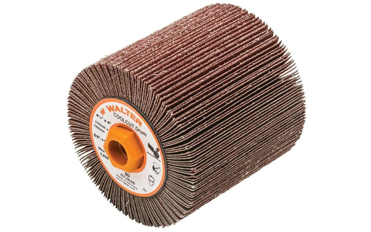 Cylindrical abrasive drum with overlapping flaps in industrial finish