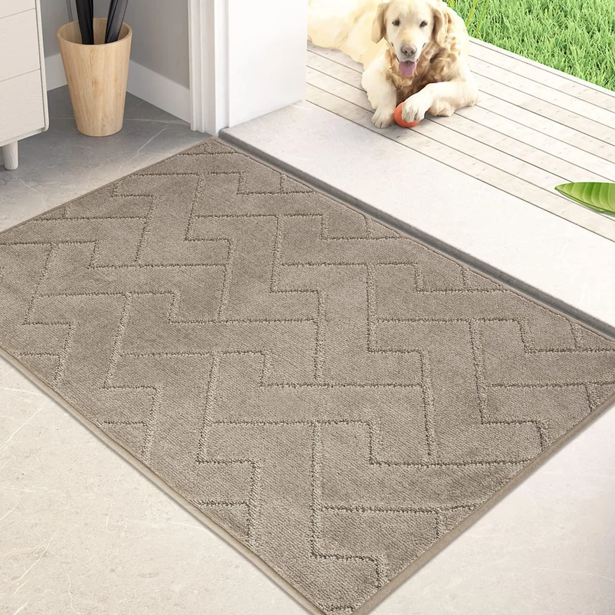 Rectangular taupe door mat with striped pattern, low-profile bamboo construction