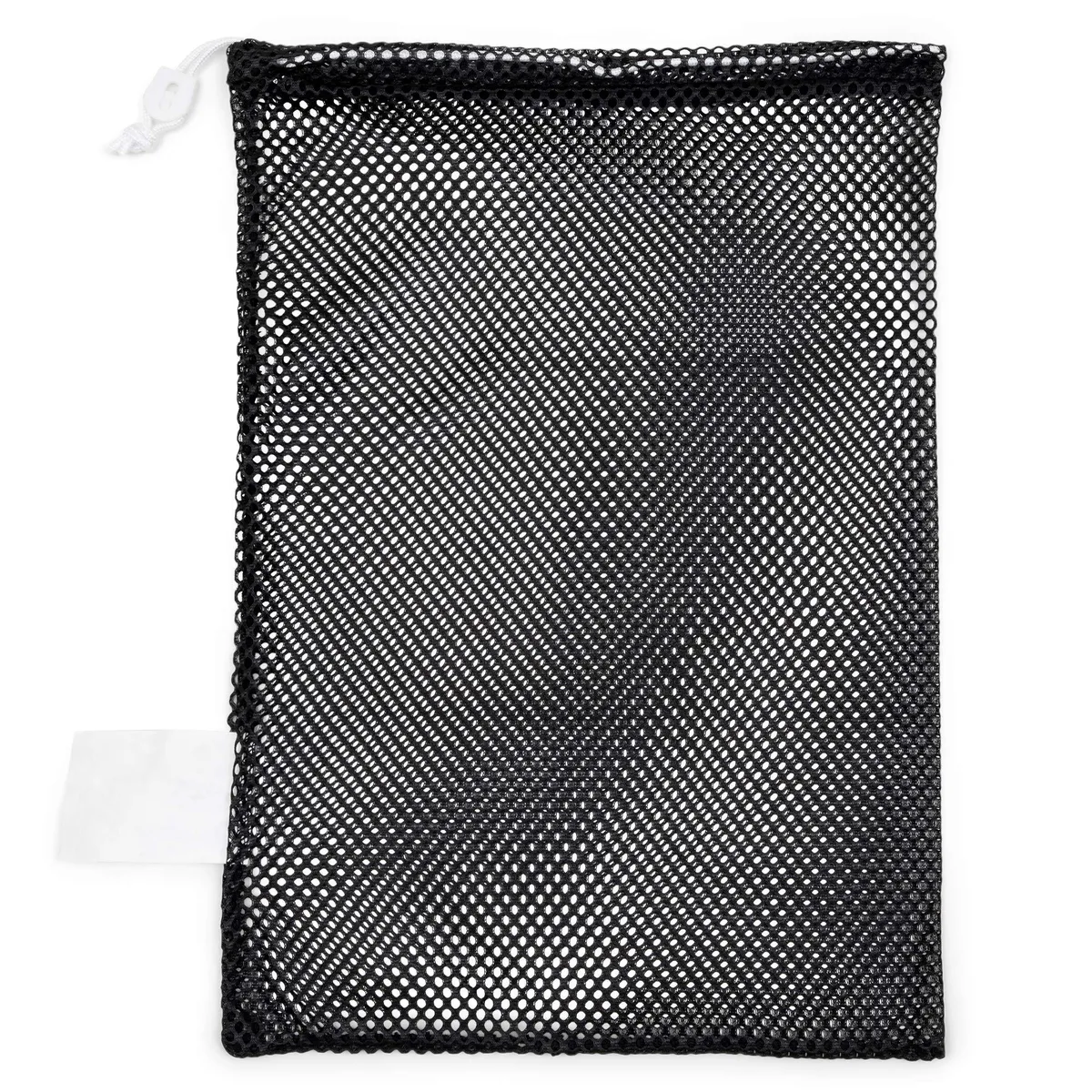 Black nylon mesh drawstring bag 12 by 18 inches with lock and ID tag