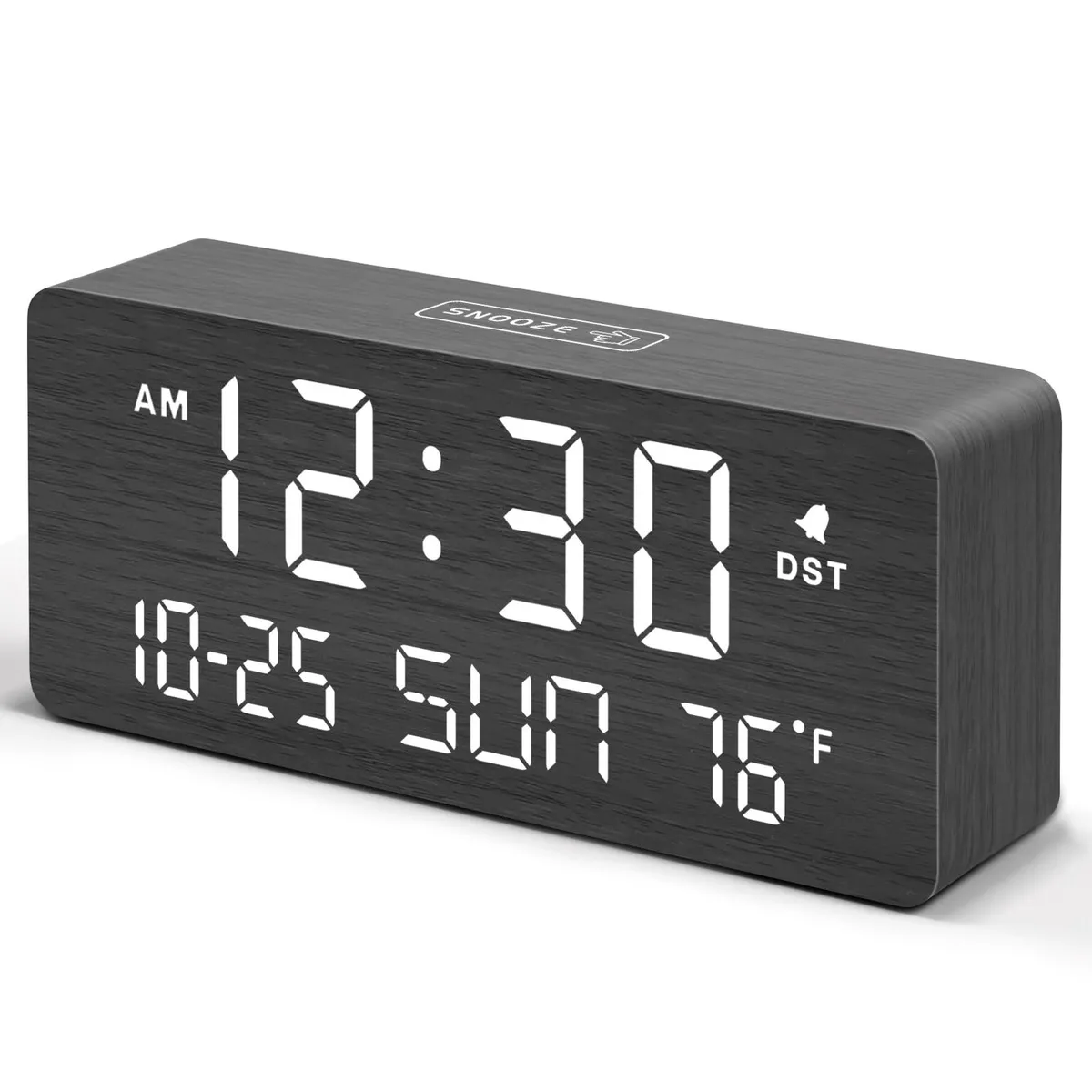Black wooden digital clock 6.3 inches wide showing time date day and temperature