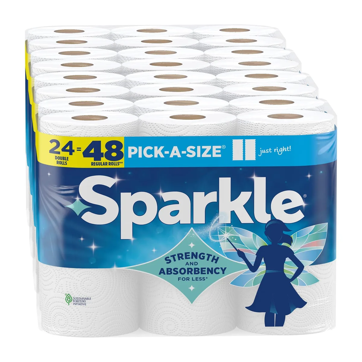 White paper towel pack showing 24 double rolls 2-ply sheets