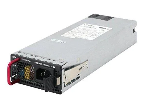 Rectangular silver server power supply unit with rear fan grille and connector panel