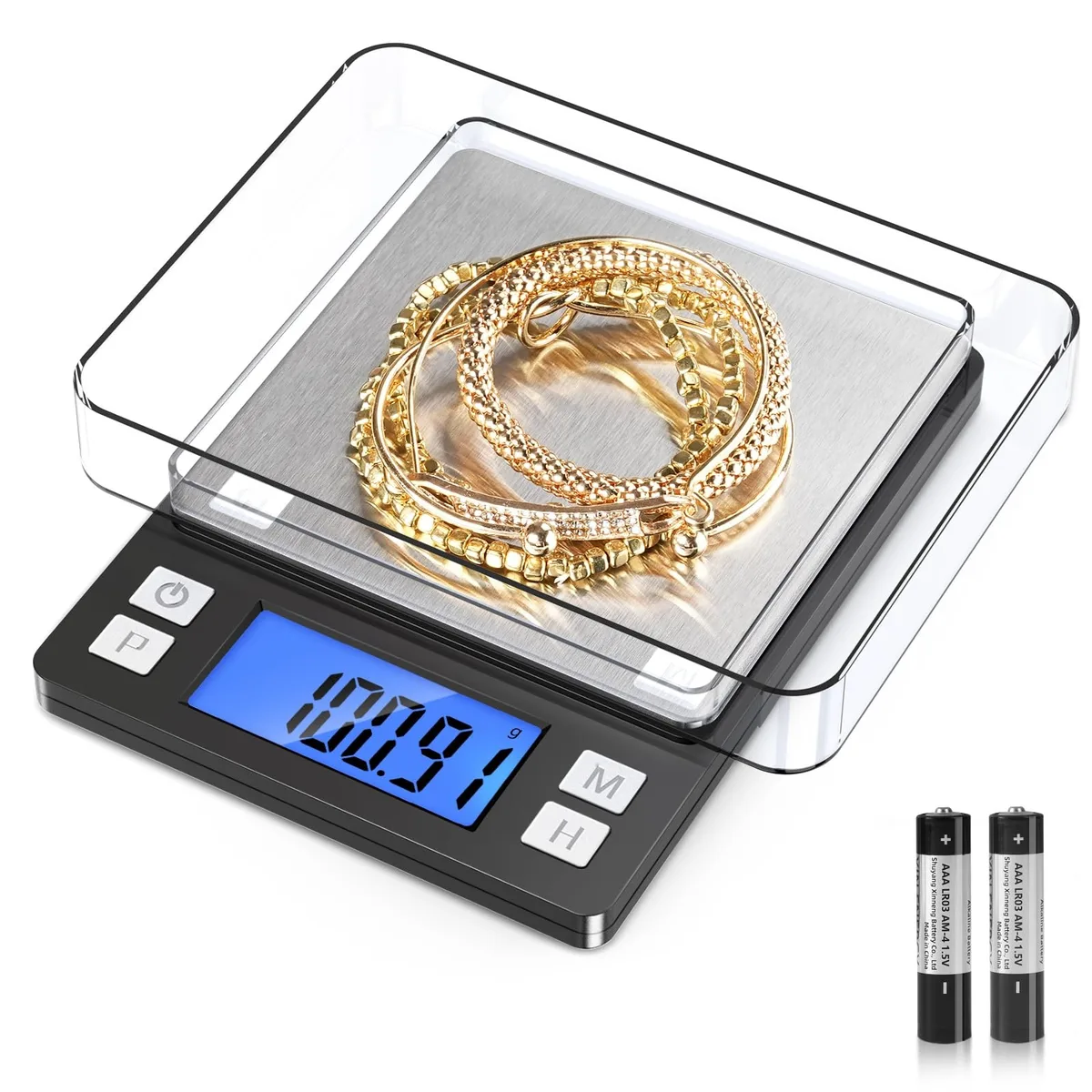White DeWalt pocket scale with backlit LCD, stainless steel platform, compact rectangular shape