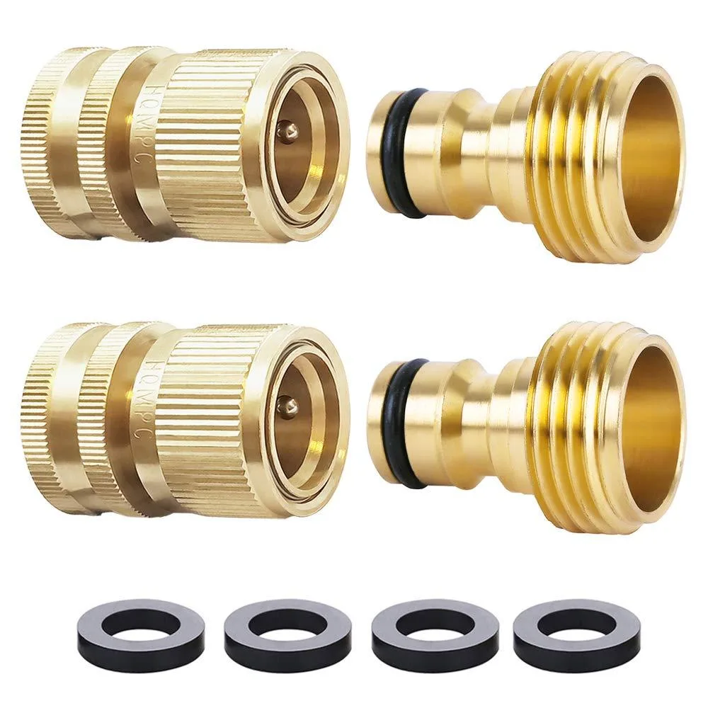 Two sets of brass garden hose quick-connect fittings with male and female ends