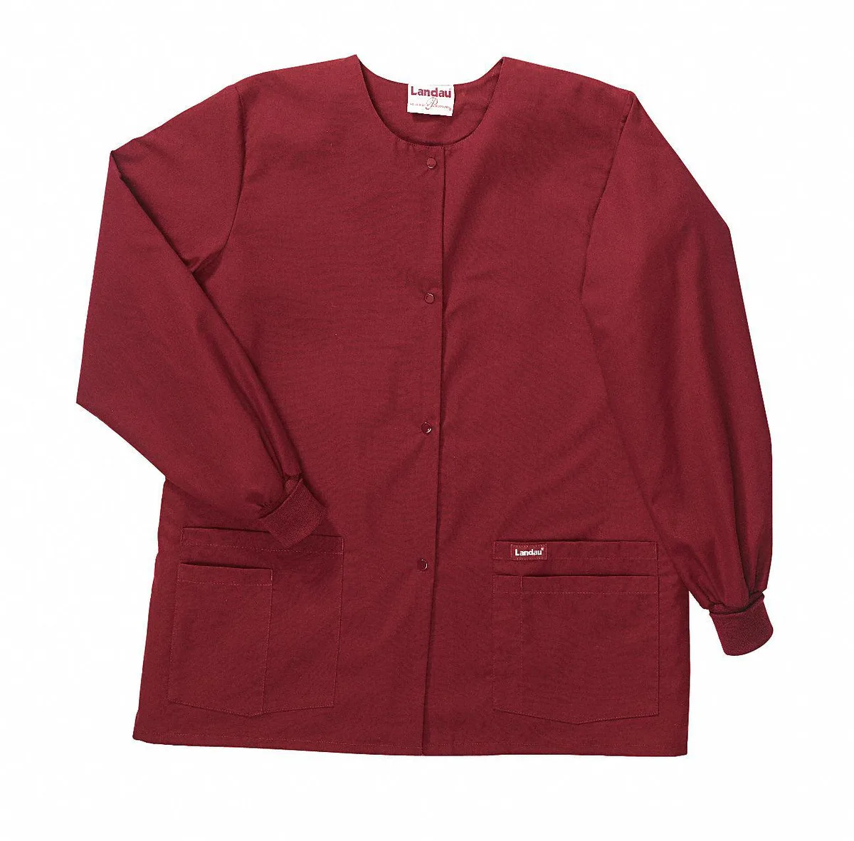 Women's wine cotton-polyester warm-up jacket, long sleeves, snap front, four pockets, 29 in length