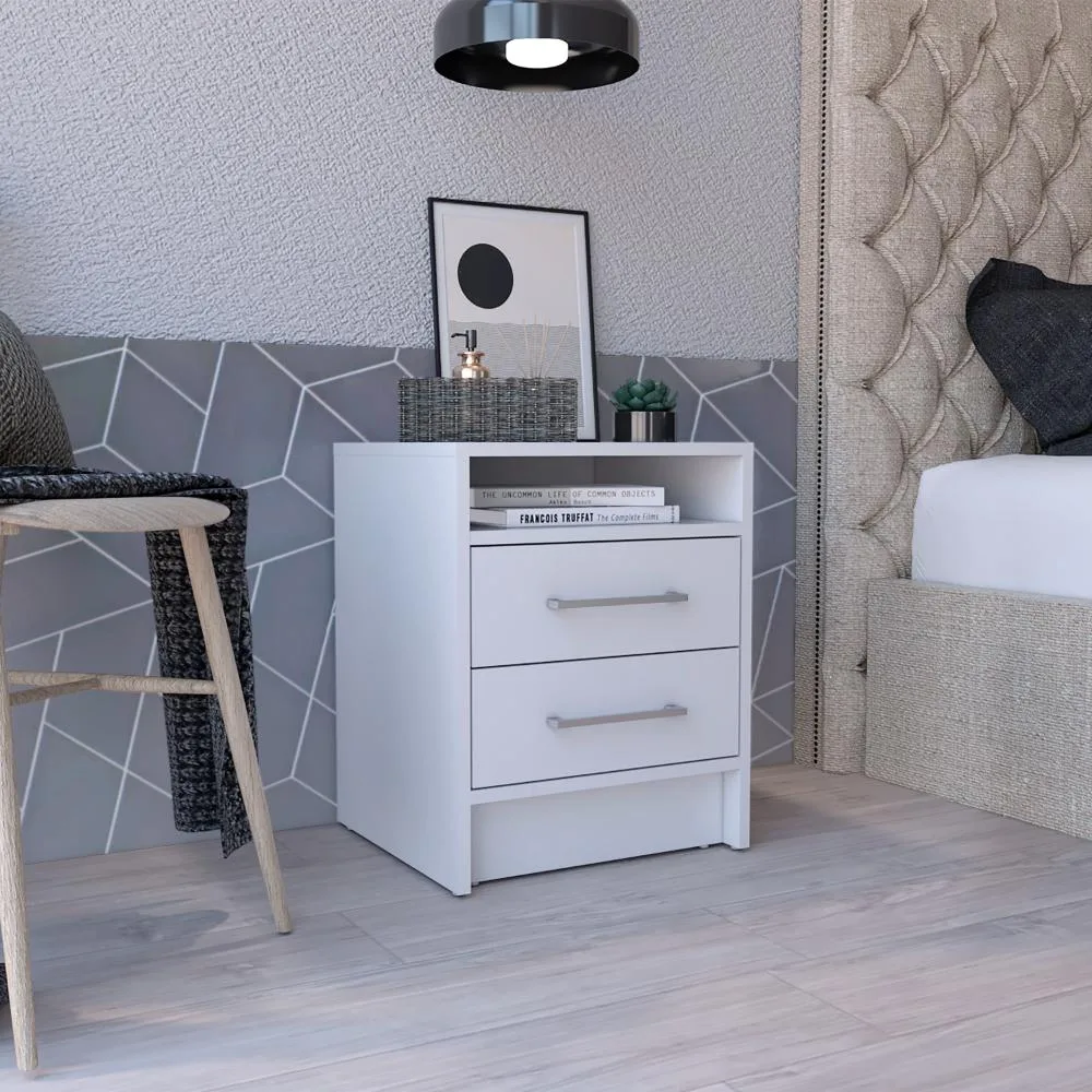 White nightstand with two drawers, open shelf, metal handles, 19.9 inches high