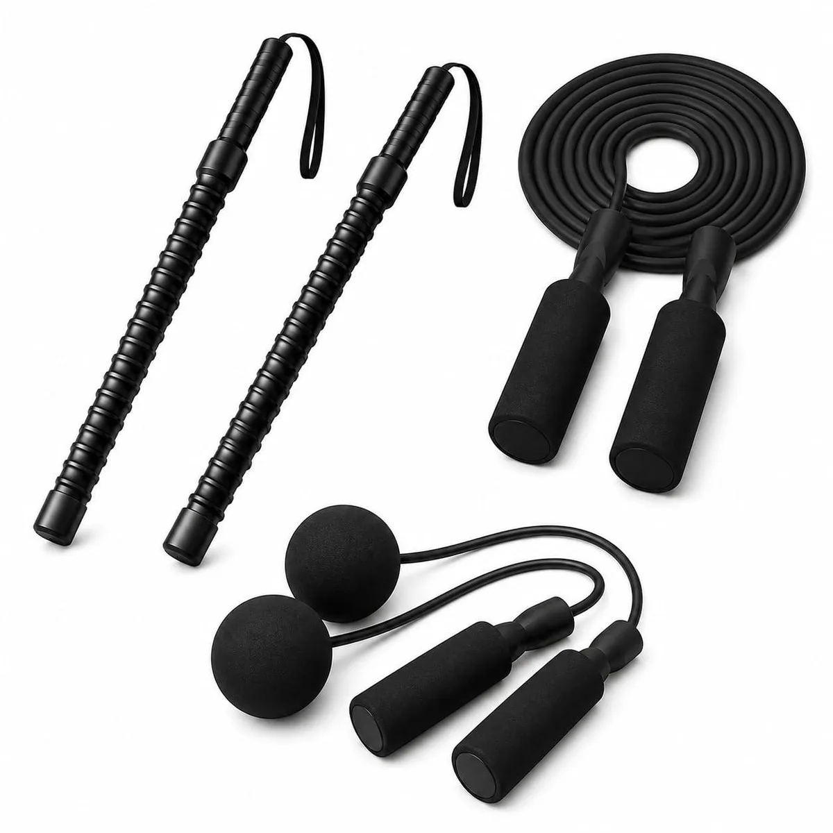 Two short rubber-grip handles with weighted balls, 16 inches overall, assorted colours