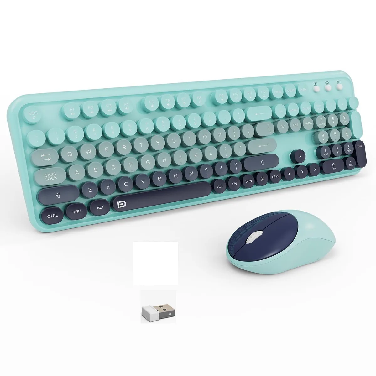 Teal wireless keyboard with 104 retro round keycaps and matching ergonomic mouse