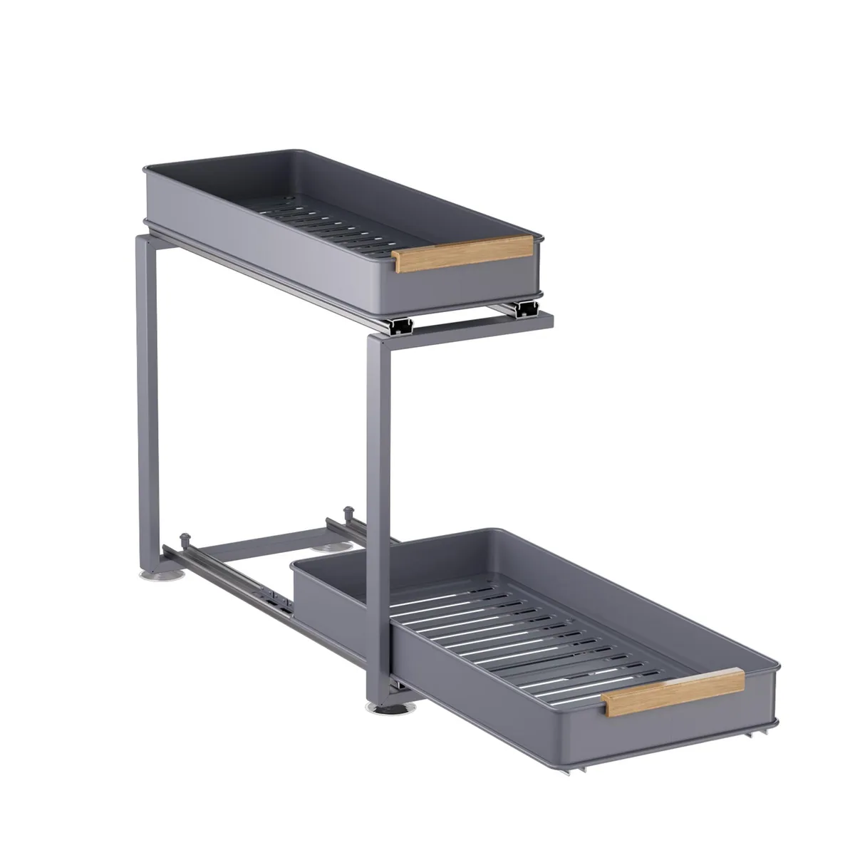 Two-tier steel pull-out under-sink organizer in brushed gray