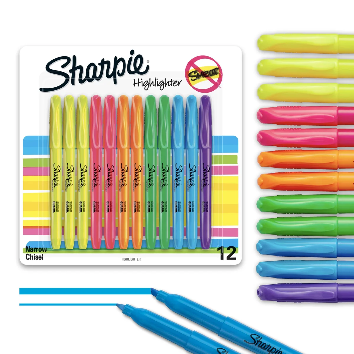 Pack of twelve slim pocket highlighters with chisel tips in assorted fluorescent colours