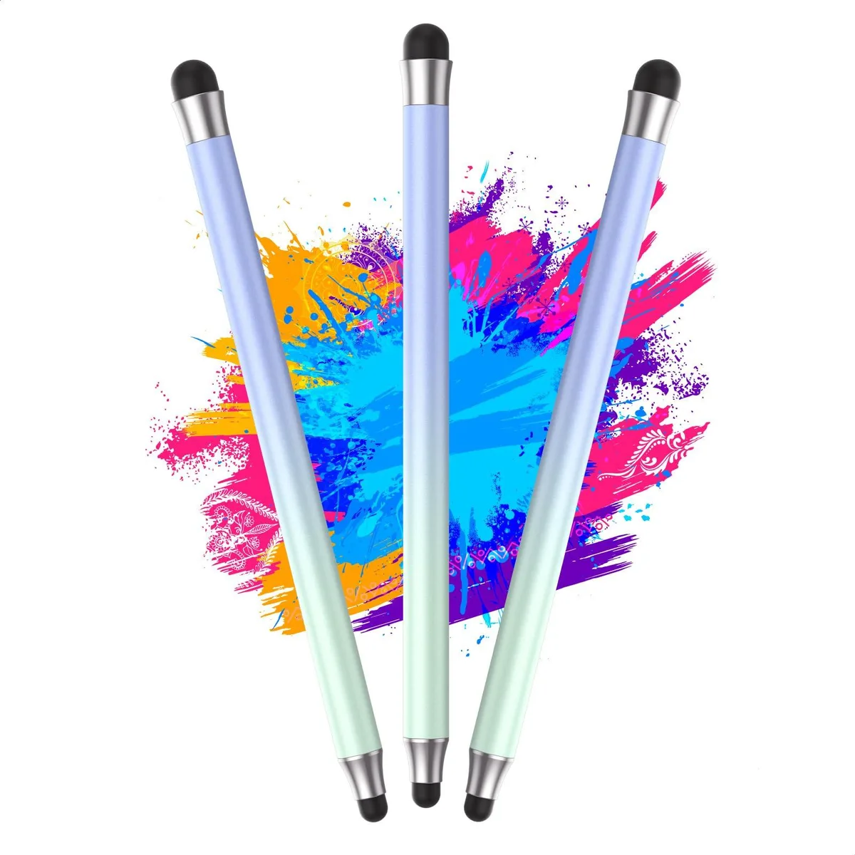 Three gradient light blue aluminium stylus pens with clear disc tips, 5.11 in long × .39 in diameter