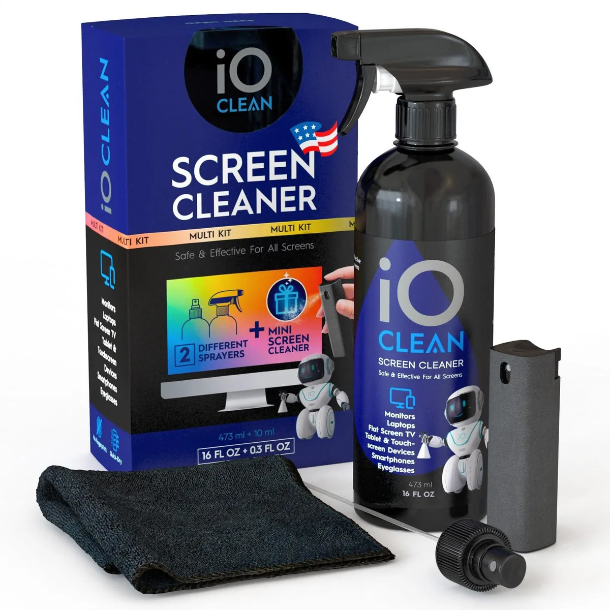 White 16oz spray bottle and 10ml mini bottle with microfiber cloth