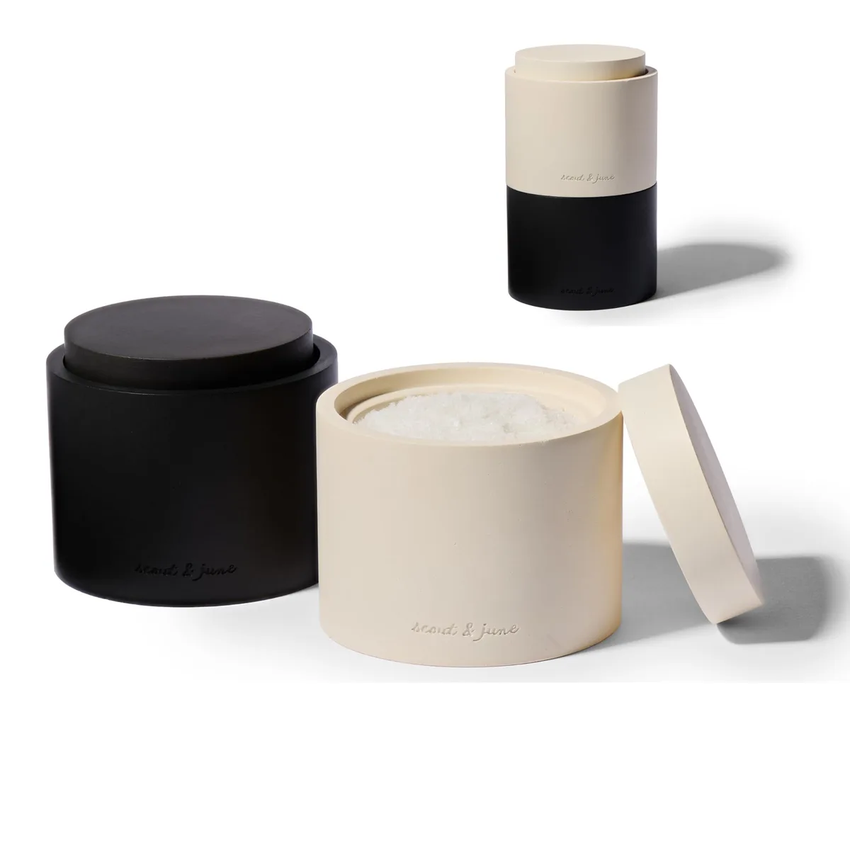 Black stackable cement salt cellar with lid, 3.5 in tall