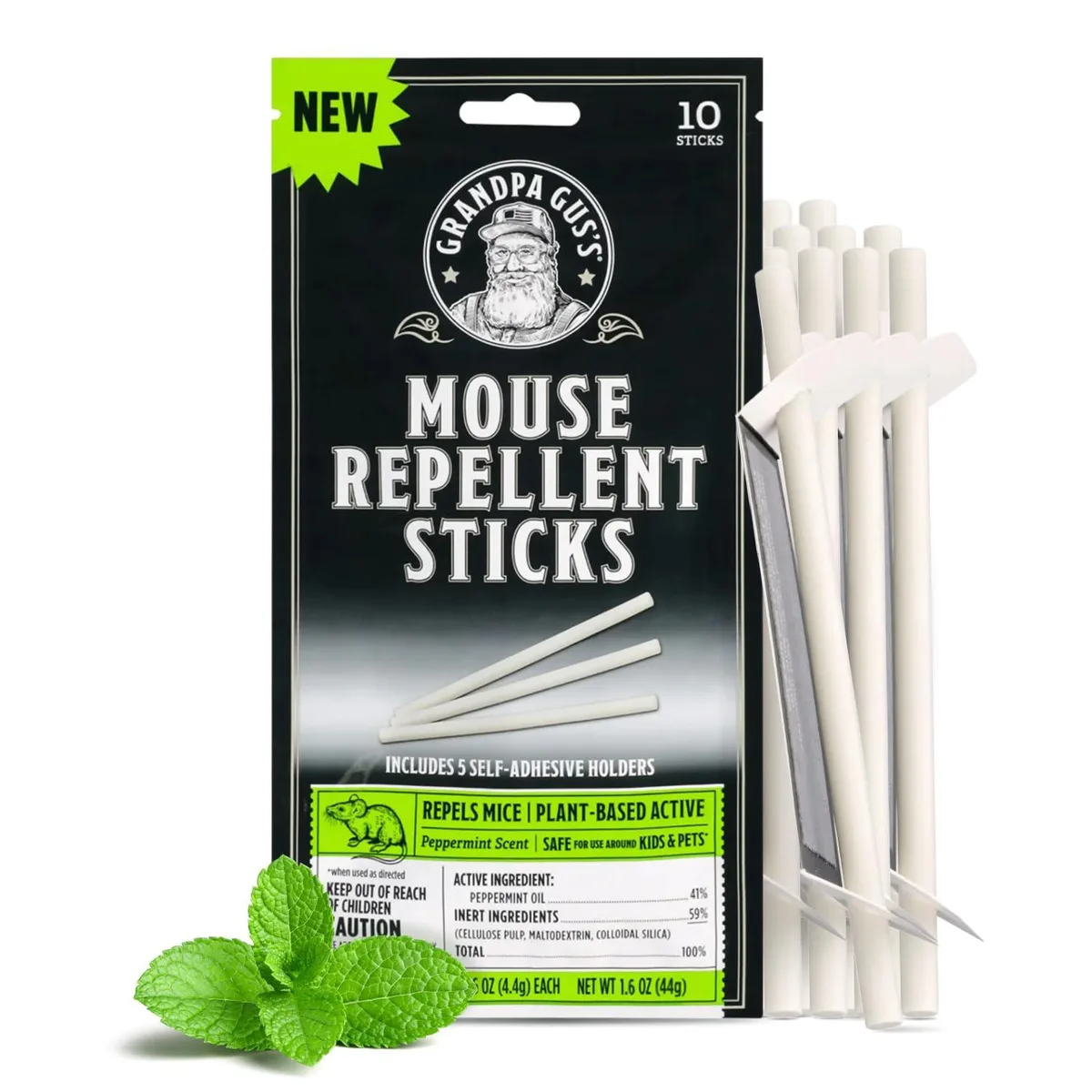 Ten peppermint oil sticks with adhesive holders in a box