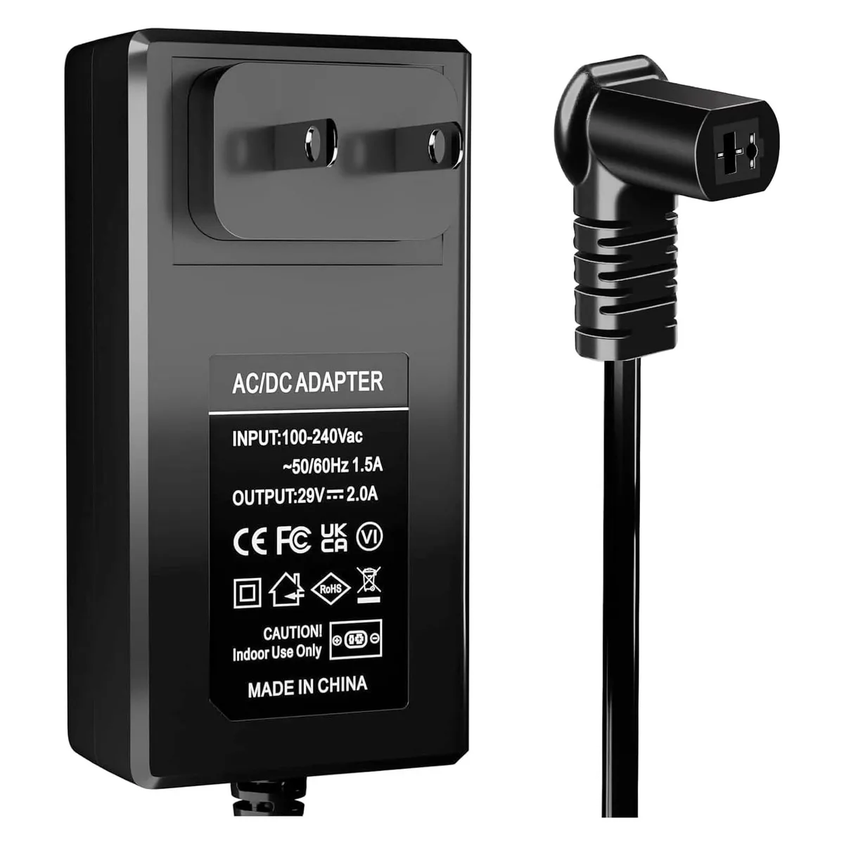 Black rectangular power adapter with integrated two-pin straight blade plug and output cable