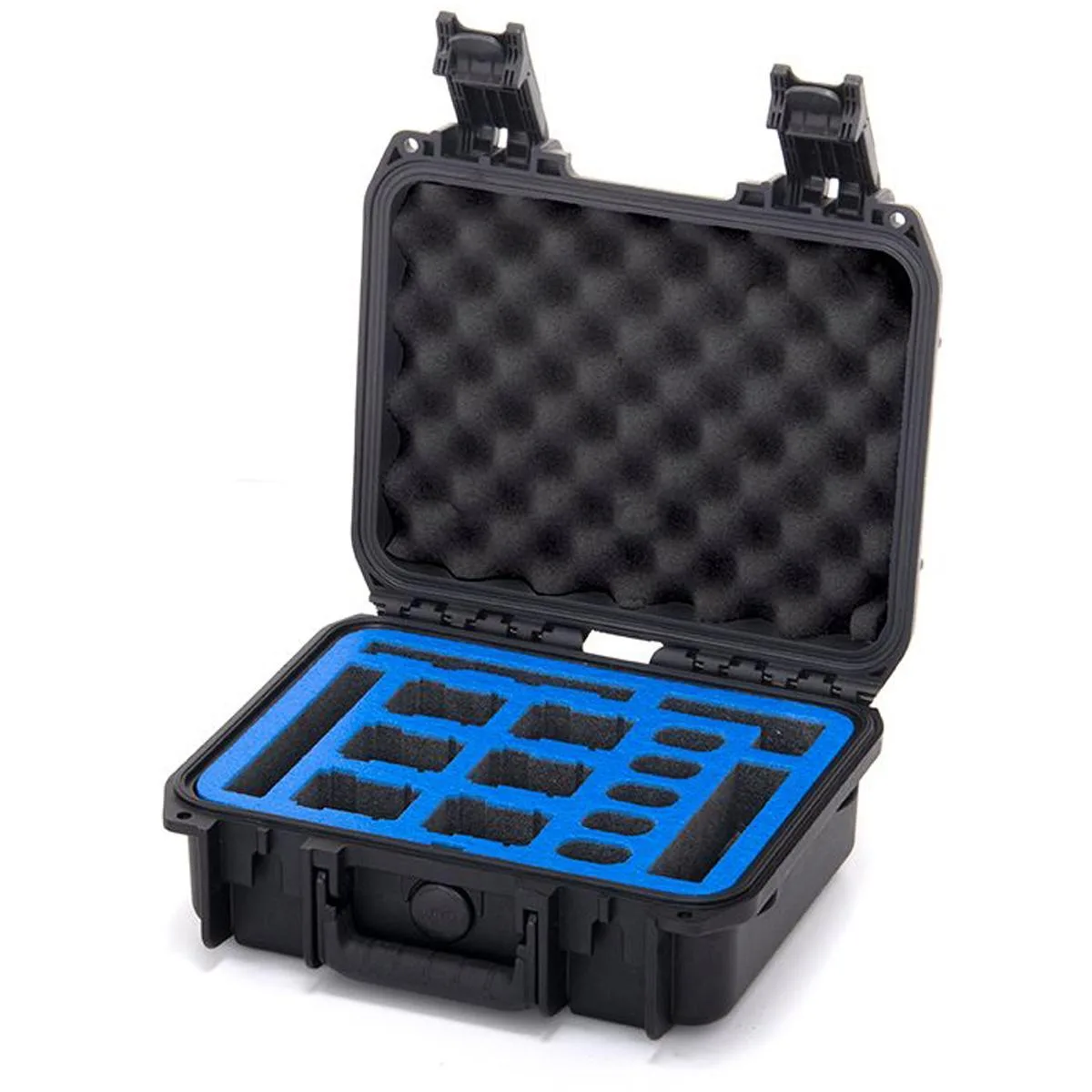 Black rectangular hard-shell case with padded interior compartments for DJI FPV batteries