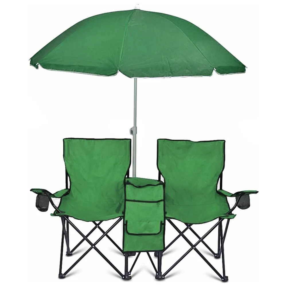 Vandue Corporation Vandue Corporation GoTEAM 2-Seat Folding Camp Chair Cooler Umbrella Green GOTEAMUMBDUO-GREEN — product photo