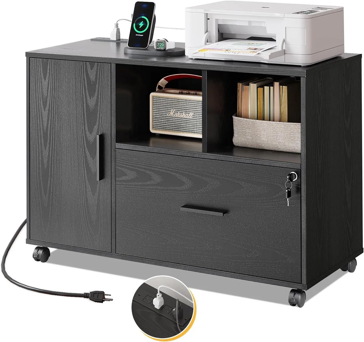BFKK BFKK File Cabinet Charging Station 1 Drawer Rolling Locking Home Office Storage Black — product photo