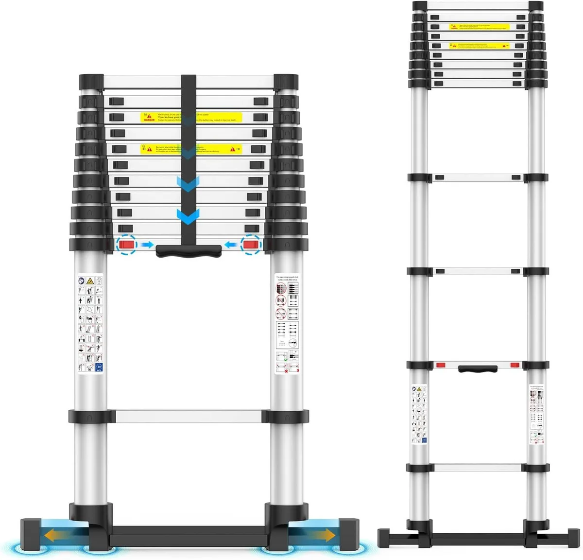 Silver telescoping ladder extended to full height with wide stabiliser feet on the ground