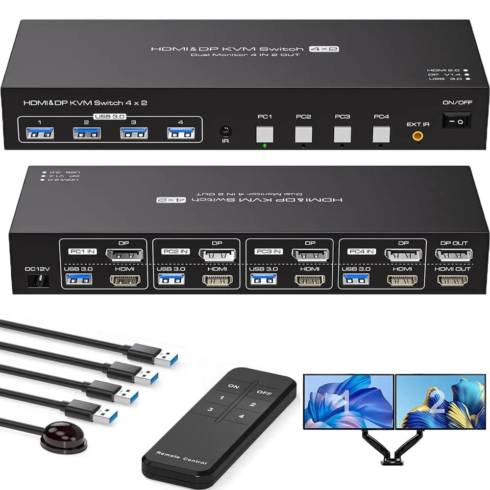 Jansicotek Jansicotek SW244-1DP1HD Dual Monitor KVM Switch HDMI2.0 DP1.4 4K60Hz with Cables Digital Display — product photo