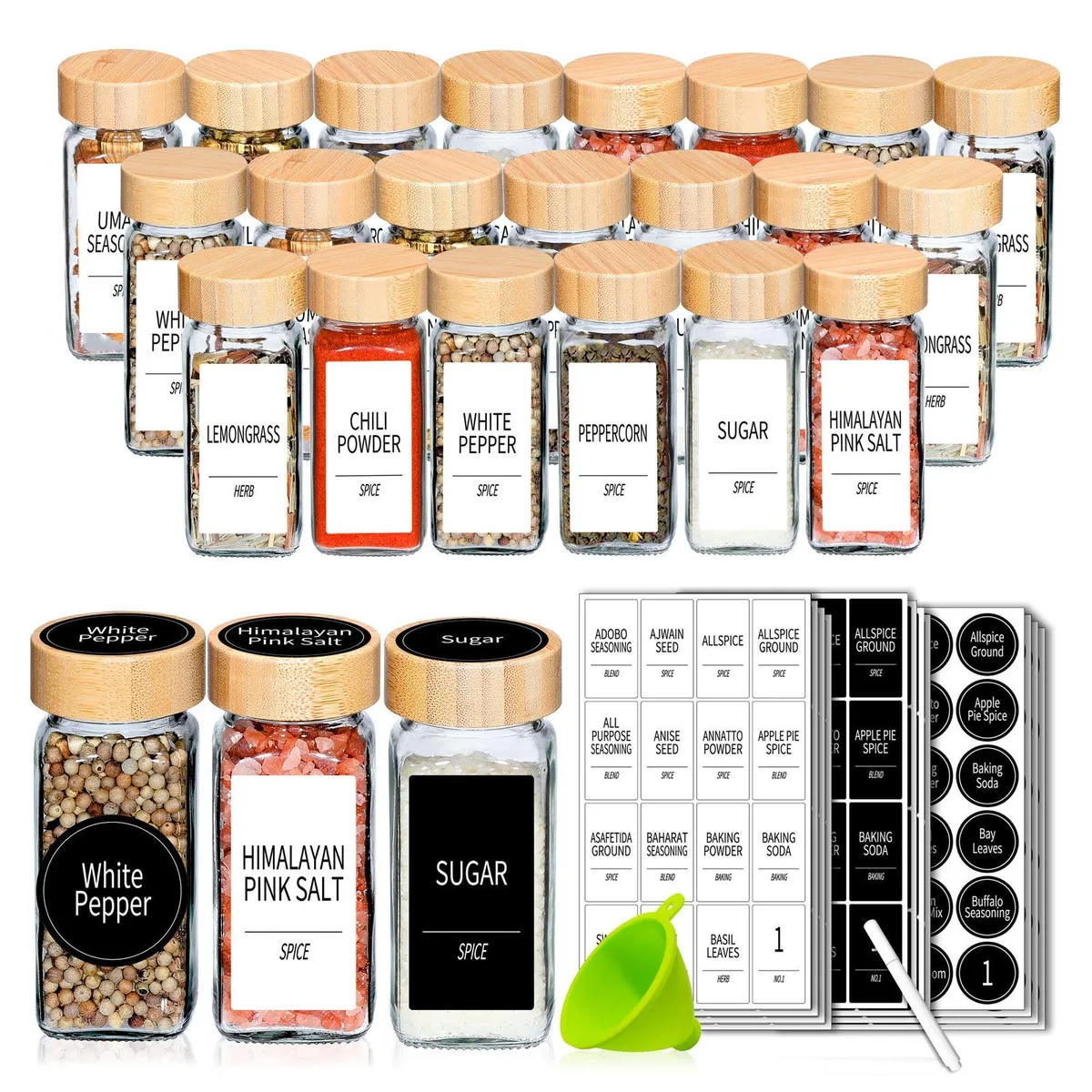 Twenty-four square glass spice jars with bamboo and shaker lids on a two-tier stand
