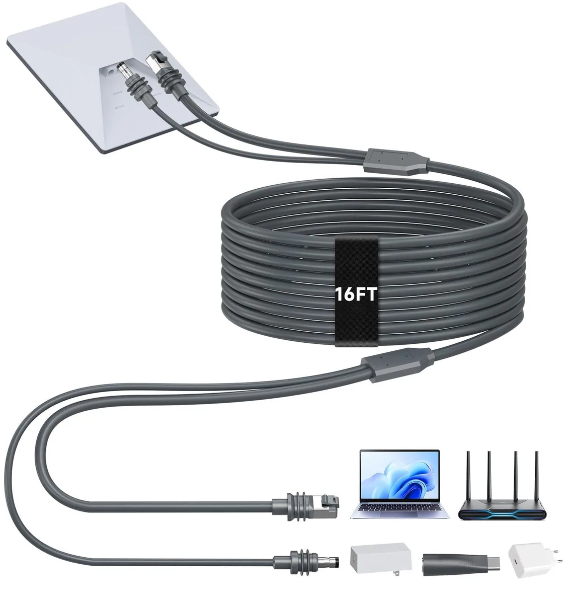 Coiled grey cable with Starlink Mini and RJ45 connectors plus USB-C adapter