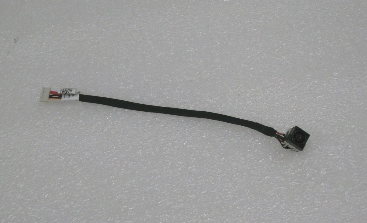 Small rectangular DC power jack with attached cable and connector