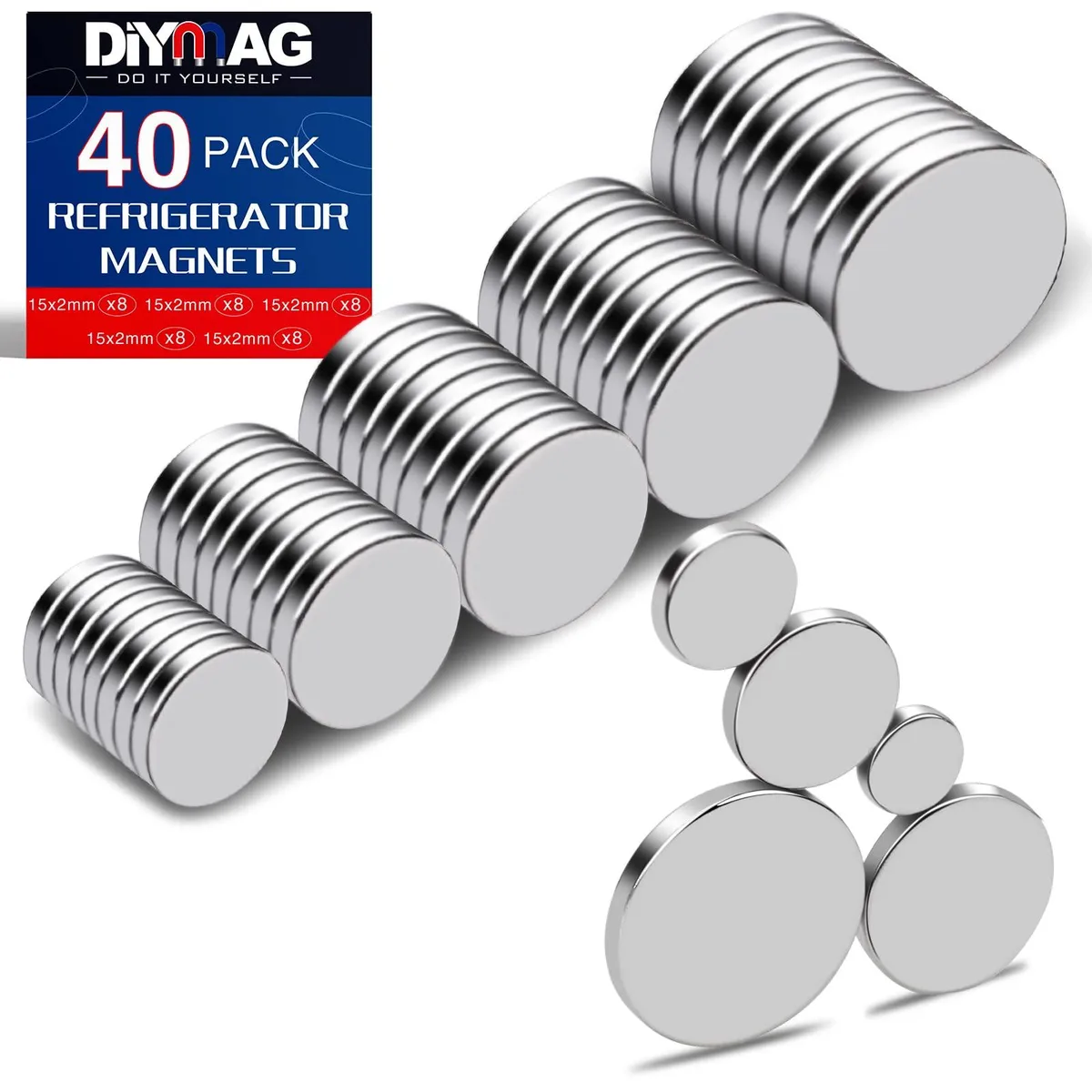Forty small silver neodymium magnets in a can, five assorted sizes