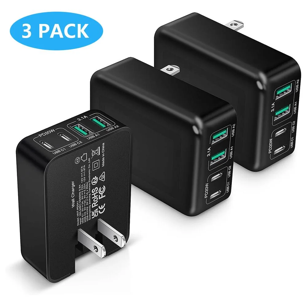 IHDAPP IHDAPP Flat USB-C Wall Charger 3-Pack 40W 4-Port Foldable Plug Black — product photo