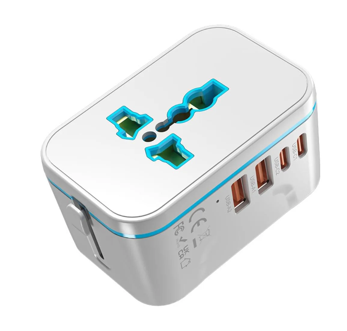 White rectangular travel adapter with sliding plugs and four USB ports
