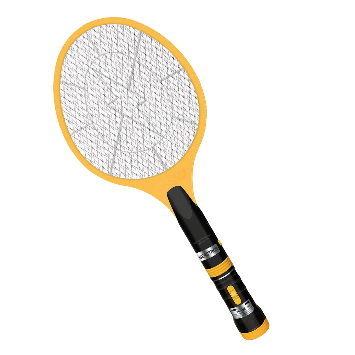 Yellow handheld bug zapper racket with LED light and USB cable