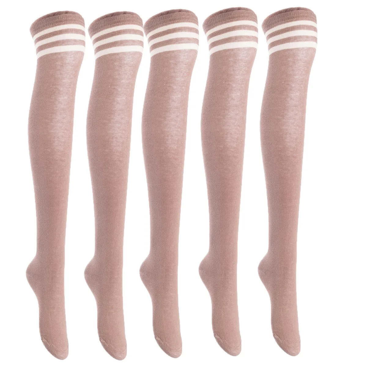 Khaki cotton thigh-high socks, five pairs, size 6-9