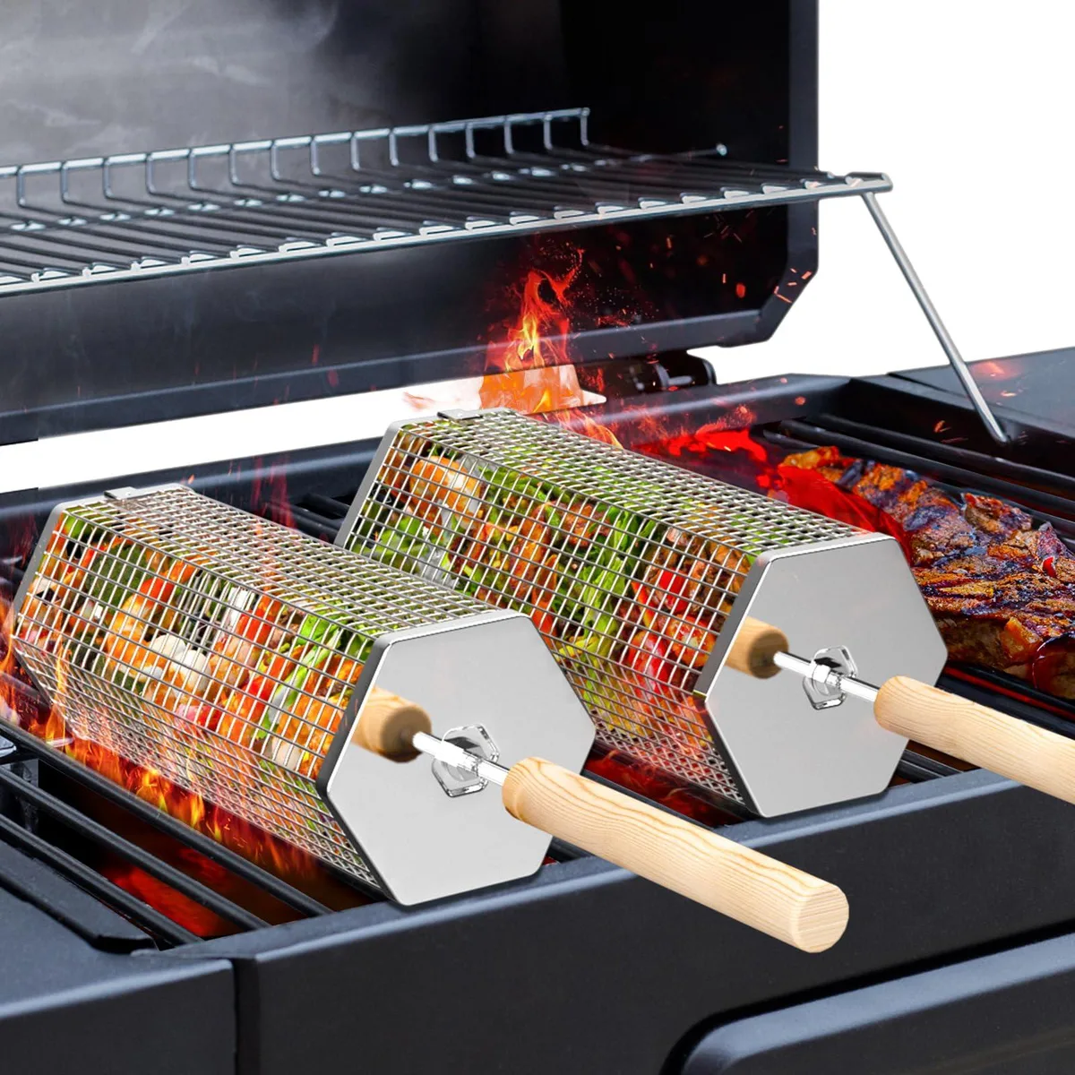 Healthy Living Rolling Grill Basket Set 2PCS 304 Stainless Steel — product photo